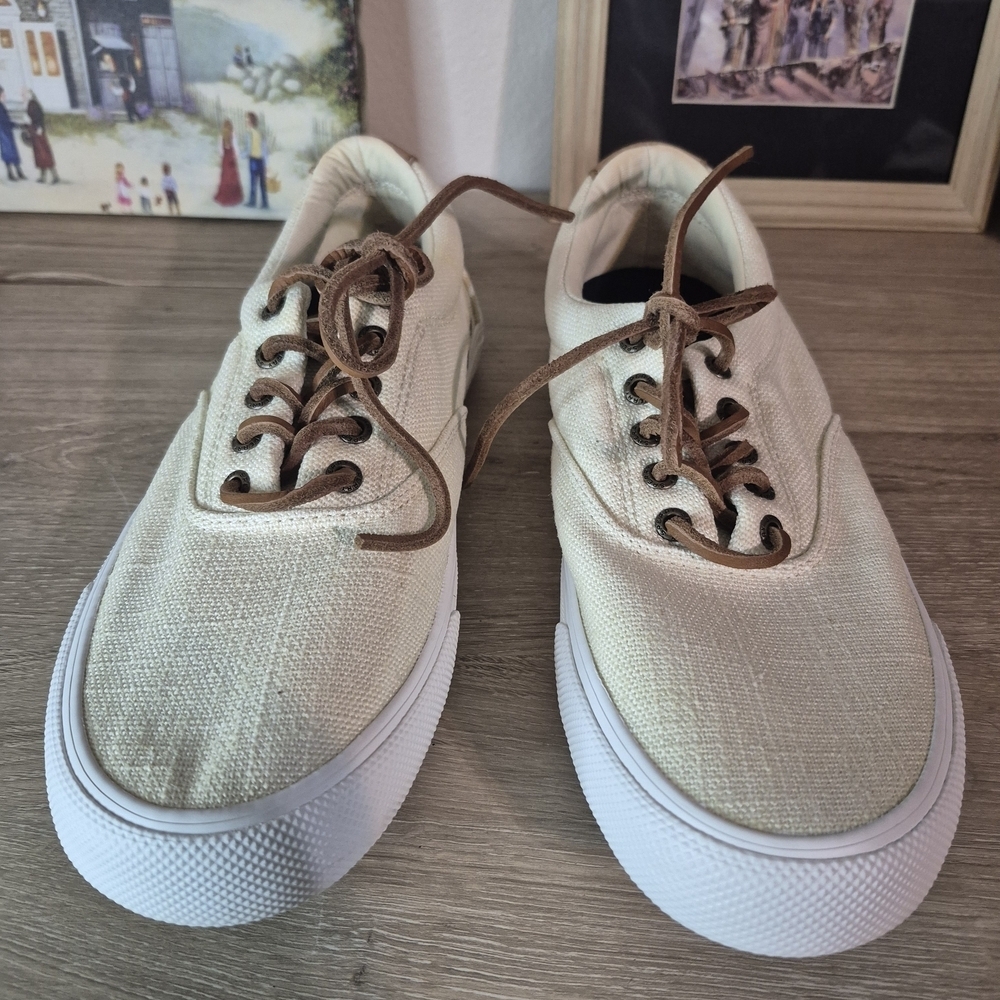 Sperry Cream Canvas Sneakers with Brown Laces